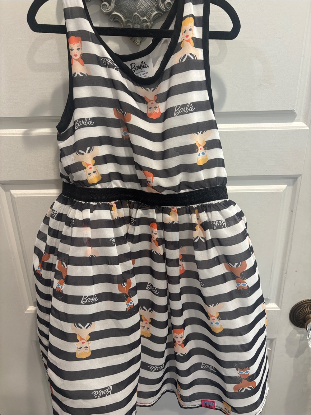 Barbie Black White Striped Dress with Multicolor Barbie Faces
